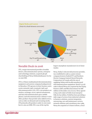 9
Digital Media and Content
(Total of 27 deals between 2010-2016)
Video
22%
Lifestyle Content
30%
Market Insight
4%
Media technology
7%
Music
4%
Sports
11%
Technology News
7%
Pay TV and Broadcasting
4% News
11%
Notable Deals in 2016
ZTE, a major international provider of mobile
devices, telecommunication systems, enterprise
and technology solutions, acquired 48.04%
shareholding of Netaş Telekomünikasyon A.Ş. for
101 mio USD.
ZTE is a Chinese multinational telecommunications
equipment and systems company headquartered
in Shenzhen. ZTE operates in three business units:
carrier networks (54%), terminals (29%) and
telecommunication (17%). ZTE’s core products are
wireless, exchange, access, optical transmission,
and data telecommunications gear; mobile
phones; and telecommunications software. It also
offers products that provide value-added services,
such as video on demand and streaming media.
ZTE primarily sells products under its own name
but it is also an OEM. ZTE is one of the top five
largest smartphone manufacturers in its home
market.
Netaş, Turkey’s telecom infrastructure provider,
was established in 1967 as a joint venture
company between Turkish PTT and Northern
Electric Company Limited (Nortel Networks
Corporation) of Canada with the aim of
supplying Turkey with locally manufactured
telecommunications equipment. Nortel’s 53.13%
stake in Nortel Netaş was acquired by One Equity
Partners (OEP) and Rhea Investments for $68
million in December 2010. In 2011, Netas agreed
to buy 100% stake in Probil, local enterprise
VAR, for $31 million. Probil has been providing a
wide range of services from industrial solutions
to business solutions, systems integration,
outsourcing, care and maintenance services,
network solutions and consultancy since 1989.
Netaş also acquired 10 % shares in Kron, a local
 