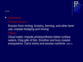 …


Sediments
Primary Source
Erosion from mining, forestry, farming, and other landuse; coastal dredging and mining
Effects
Cloud water; impede photosynthesis below surface
waters. Clog gills of fish. Smother and bury coastal
ecosystems. Carry toxins and excess nutrients. (Ref:1)

 