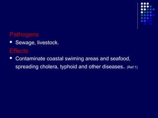 Pathogens


Sewage, livestock.

Effects


Contaminate coastal swiming areas and seafood,
spreading cholera, typhoid and other diseases.

(Ref:1)

 