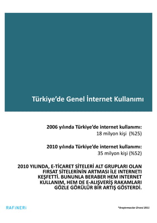 Türkiye’de	
  Genel	
  İnternet	
  Kullanımı	
  


                 2006	
  yılında	
  Türkiye’de	
  internet	
  kullanımı:	
  
                                             18	
  milyon	
  kişi	
  	
  (%25)	
  

                 2010	
  yılında	
  Türkiye’de	
  internet	
  kullanımı:	
  
                                              35	
  milyon	
  kişi	
  (%52)	
  

2010	
  YILINDA,	
  E-­‐TİCARET	
  SİTELERİ	
  ALT	
  GRUPLARI	
  OLAN	
  
              FIRSAT	
  SİTELERİNİN	
  ARTMASI	
  İLE	
  INTERNETI	
  
            KEŞFETTİ.	
  BUNUNLA	
  BERABER	
  HEM	
  INTERNET	
  
             KULLANIM,	
  HEM	
  DE	
  E-­‐ALIŞVERİŞ	
  RAKAMLARI	
  
                       GÖZLE	
  GÖRÜLÜR	
  BİR	
  ARTIŞ	
  GÖSTERDİ.	
  


                                                                *Araş&rmacılar	
  Zirvesi	
  2011	
  
 
