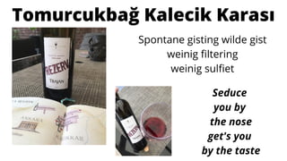 Tomurcukbağ Kalecik Karası
Spontane gisting wilde gist
weinig filtering
weinig sulfiet
Seduce
you by
the nose
get's you
by the taste
 