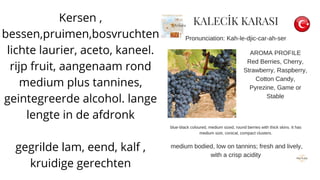 Kersen ,
bessen,pruimen,bosvruchten
lichte laurier, aceto, kaneel.
rijp fruit, aangenaam rond
medium plus tannines,
geintegreerde alcohol. lange
lengte in de afdronk
gegrilde lam, eend, kalf ,
kruidige gerechten
 