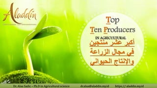 Top
Ten Producers
IN AGRICULTURAL
‫منتجين‬ ‫عشر‬ ‫أكبر‬
‫الزراعة‬ ‫مجال‬ ‫في‬
‫الحيواني‬ ‫واإلنتاج‬
Dr. Alaa Sadic – Ph.D in Agricultural science dr.alaa@aladdin.my.id https:// aladdin.my.id
 