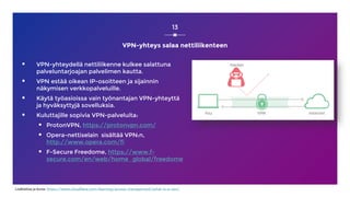 VPN-yhteys salaa nettiliikenteen
 VPN-yhteydellä nettiliikenne kulkee salattuna
palveluntarjoajan palvelimen kautta.
 VP...
