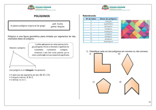 15
POLÍGONOS
Polígono é uma figura geométrica plana limitada por segmentos de reta,
chamados lados do polígono.
Relembrando:
1) Classifique cada um dos polígonos em convexo ou não convexo;
a) b)
c) d)
 