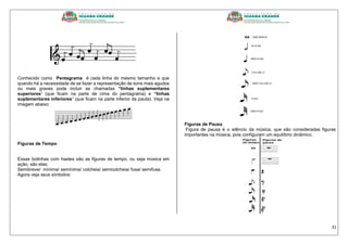 31
Conhecido como Pentagrama é cada linha do mesmo tamanho e que
quando há a necessidade de se fazer a representação de sons mais agudos
ou mais graves pode incluir as chamadas “linhas suplementares
superiores” (que ficam na parte de cima do pentagrama) e “linhas
suplementares inferiores” (que ficam na parte inferior da pauta). Veja na
imagem abaixo:
Figuras de Tempo
Essas bolinhas com hastes são as figuras de tempo, ou seja música em
ação, são elas;
Semibreve/ mínima/ semínima/ colcheia/ semicolcheia/ fusa/ semifusa.
Agora veja seus símbolos:
Figuras de Pausa
Figura de pausa é o silêncio da música, que são consideradas figuras
importantes na música, pois configuram um equilíbrio dinâmico.
 