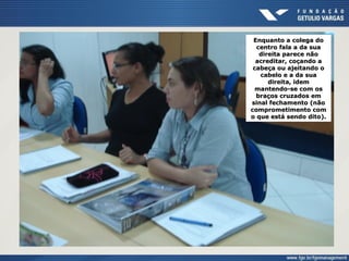 Enquanto a colega do
centro fala a da sua
direita parece não
acreditar, coçando a
cabeça ou ajeitando o
cabelo e a da sua
direita, idem
mantendo-se com os
braços cruzados em
sinal fechamento (não
comprometimento com
o que está sendo dito).
 