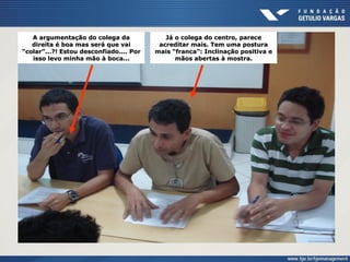A argumentação do colega da
direita é boa mas será que vai
“colar”...?! Estou desconfiado.... Por
isso levo minha mão à boca...
Já o colega do centro, parece
acreditar mais. Tem uma postura
mais “franca”: Inclinação positiva e
mãos abertas à mostra.
 