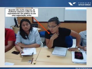 Quando não muito seguras, as
mulheres colocam a mão no nó
supraesternal. Em público ou em
uma negociação, evite.
 