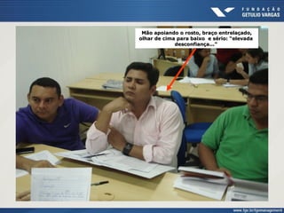 Mão apoiando o rosto, braço entrelaçado,
olhar de cima para baixo e sério: “elevada
desconfiança...”
 