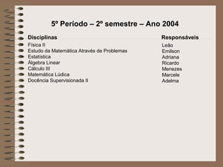 5º Período – 2º semestre – Ano 2004
Disciplinas                                 Responsáveis
Física II                                   Leão
Estudo da Matemática Através de Problemas   Emilson
Estatística                                 Adriana
Álgebra Linear                              Ricardo
Cálculo III                                 Menezes
Matemática Lúdica                           Marcele
Docência Supervisionada II                  Adelma
 