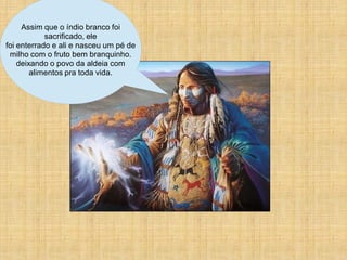 Assim que o índio branco foi
            sacrificado, ele
foi enterrado e ali e nasceu um pé de
 milho com o fruto bem branquinho.
    deixando o povo da aldeia com
        alimentos pra toda vida.
 