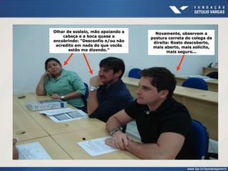 Novamente, observem a
postura correta do colega da
direita: Rosto descoberto,
mais aberto, mais solícito,
mais seguro...
Olhar de soslaio, mão apoiando a
cabeça e a boca quase a
encobrindo: “Desconfio e/ou não
acredito em nada do que vocês
estão me dizendo.”
 