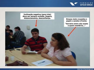 Braços meio cruzados e
papel e caneta à frente:
“barreira entre nós existe
e quero mantê-la...”
Inclinação negativa (para trás)
deve ser sempre evitada. Sugere,
distanciamento, desconfiança.
 