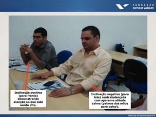 Inclinação positiva
(para frente)
demonstrando
atenção ao que está
sendo dito.
Inclinação negativa (para
trás) contrabalançada
com aparente atitude
calma (palmas das mãos
para baixo).
 