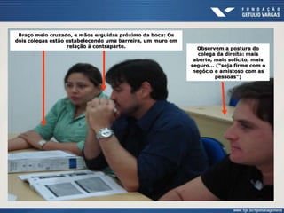 Braço meio cruzado, e mãos erguidas próximo da boca: Os
dois colegas estão estabelecendo uma barreira, um muro em
relação à contraparte. Observem a postura do
colega da direita: mais
aberto, mais solícito, mais
seguro... (“seja firme com o
negócio e amistoso com as
pessoas”)
 