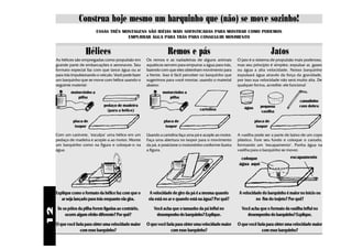 Construa hoje mesmo um barquinho que (não) se move sozinho!
                            ESSAS TRÊS MONTAGENS SÃO IDÉIAS MAIS SOFISTICADAS PARA MOSTRAR COMO PODEMOS
                                         EMPURRAR ÁGUA PARA TRÁS PARA CONSEGUIR MOVIMENTO


                      Hélices                                         Remos e pás                                                  Jatos
     As hélices são empregadas como propulsão em          Os remos e as nadadeiras de alguns animais          O jato é o sistema de propulsão mais poderoso,
     grande parte de embarcações e aeronaves. Seu         aquáticos servem para empurrar a água para trás,    mas seu princípio é simples: expulsar ar, gases
     formato especial faz com que lance água ou ar        fazendo com que eles obtenham movimento para        ou água a alta velocidade. Nosso barquinho
     para trás impulsionando o veículo. Você pode fazer   a frente. Isso é fácil perceber no barquinho que    expulsará água através da força da gravidade,
     um barquinho que se move com hélice usando o         sugerimos para você montar, usando o material       por isso sua velocidade não será muito alta. De
     seguinte material:                                   abaixo:                                             qualquer forma, acredite: ele funciona!
             motorzinho a                                          motorzinho a
                pilha                                                 pilha
                                                                                                                                                 canudinho
                                 pedaço de madeira                                                                         pequena               com dobra
                                                                                        cartolina                água
                                   (para a hélice)                                                                         vasilha

               placa de                                            placa de                                             placa de
                isopor                                              isopor                                               isopor

     Com um canivete, "esculpa" uma hélice em um          Usando a cartolina faça uma pá e acople ao motor.   A vasilha pode ser a parte de baixo de um copo
     pedaço de madeira e acople-a ao motor. Monte         Faça uma abertura no isopor para o movimento        plástico. Fure seu fundo e coloque o canudo,
     um barquinho como na figura e coloque-o na           da pá, e posicione o motorzinho conforme ilustra    formando um "escapamento". Ponha água na
     água.                                                a figura.                                           vasilha para o barquinho se mover.

                                                                                                               coloque                      escapamento
                                                                                                              água aqui




     Explique como o formato da hélice faz com que o       A velocidade de giro da pá é a mesma quando        A velocidade do barquinho é maior no início ou
        ar seja lançado para trás enquanto ela gira.       ela está no ar e quando está na água? Por quê?              no fim do trajeto? Por quê?
      Se os pólos da pilha forem ligadas ao contrário,        Você acha que o tamanho da pá influi no           Você acha que o formato da vasilha influi no
12




          ocorre algum efeito diferente? Por quê?              desempenho do barquinho? Explique.                  desempenho do barquinho? Explique.
     O que você faria para obter uma velocidade maior     O que você faria para obter uma velocidade maior    O que você faria para obter uma velocidade maior
                   com esse barquinho?                                  com esse barquinho?                                 com esse barquinho?
 