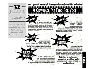 32                  tudo o que você sempre quis fazer agora ficou muito mais fácil e divertido!
                           ○○○○○○○○○○○○○○○○○○○○○○○○○○○○○○○○○○

                                    A GRAVIDADE FAZ TUDO POR VOCÊ!
A gravidade da             ○○○○○○○○○○○○○○○○○○○○○○○○○○○○○○○○○○

  gravidade                    trelas
                                        !
                                                                                       sfera
                                                                                             s     !
                            Es
                                            A MATÉRIA ESPALHADA NO
                                           ESPAÇO QUE OS ASTRÔNOMOS
                                                                                  Atmo                       POIS É, TERRÁQUEO!
                                                                                                             PLANETAS E SATÉLITES
 Porque você está aí      GOSTAM DE CHAMAR DE POEIRA, MAS QUE NA VERDADE                                    POSSUEM        ATMOSFERA
                                                                                                           PORQUE A GRAVIDADE PRENDE
grudadinho na Terra?      SÃO MINÚSCULAS PARTÍCULAS E GASES(OU SEJA, POEIRA),
                          ATRAE-SE MUTUAMENTE, PROVOCANDO A FOMAÇÃO DOS                            GASES EM TORNO DELES. PLANETAS COM
                                                                                     GRAVIDADE FRACA POSSUEM POUCA OU QUASE NEHUMA
   Você acha essa         AGLOMERADOS QUE DISCUTIMOS NA AULA ANTERIOR, QUE
                          DÃO ORIGEM ÀS ESTRELAS.                                 ATMOSFERA. PLANETAS IMENSOS POSSUEM ENORMES
   pergunta boba?                                                                 ATMOSFERAS DADA SUA GRAVIDADE.

Newton não achou ...
                                      s   !
                            P l aneta                                                LINDAS
                                               QUANDO UMA ESTRELA SE
                                              FORMA, SEMPRE SOBRA
                       ALGUM MATERIAL DE SEGUNDA MÃO, CUJA                          ÓRBITAS!
                       AGLOMERAÇÃO NÃO É SUFICIENTE PARA GERAR A FUSÃO
                         NUCLEAR. ÀS VEZES FORMAM UMAS PELOTINHAS QUE                                           COISAS GIRAM EM TORNO
                                   ALGUÉM RESOLVEU CHAMAR DE PLANETAS.                                        DA TERRA, E DIZEMOS QUE
                                                                                  ELAS ESTÃO EM ÓRBITA. A TENDÊNCIA DE TODO OBJETO LIVRE
                                                                                  DE INTERAÇÕES, SOLTO NO ESPAÇO É PERCORRER UMA LINHA

                BURACOS                                                           RETA. MAS A GRAVIDADE FORÇA ALGUMAS COISAS A
                                                                                  GIRAREM EM TORNO DE OUTRAS. A TERRA E OS DEMAIS

                NEGROS!
                                                                                  PLANETAS EM TORNO DO SOL. E TAMBÉM OS COMETAS.




                                                                                                                                           125
                                                AS ESTRELAS TÊM UMA LONGA VIDA,       Tudo isso e muito mais,
                                              ONDE MUITA COISA ACONTECE, DEVIDO
                                           À UMA INTERESSANTE COMBINAÇÃO DE          somente a gravidade pode
                                         EFEITOS DA GRAVIDADE, DA FUSÃO NUCLEAR     proporcionar a você e toda a
                          E DE DETALHES DA ESTRELAS. ALGUMAS SE TORNAM VORAZES
                          BURACOS NEGROS! NÃO PERCA AS PRÓXIMAS LEITURAS!
                                                                                           sua família ...
 