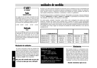 unidades de medida
                        CAIU!
                        no Vestibular
                                                             Na Física e na vida é sempre necessário se preocupar com as unidades em que as quantidades são
                                                             medidas. Massas podem ser medidas em gramas, quilogramas e toneladas. Tempo, em segundos,
                                                             horas, séculos e outras. E distâncias e tamanhos são medidas em muitas unidades, das quais as
                          Vagão                              mais usadas no Brasil são o milímetro, o centímetro, o metro e o quilômetro.
                    Estadual de Londrina                     Quando fazemos cálculos, as unidades se misturam. Velocidades, por exemplo, misturam distâncias
     Um vagão de 6,0 t de massa, movendo-se com              e tempos: quilômetros por hora ou metros por segundo. A quantidade de movimento mistura
     velocidade escalar de 10 m/s, choca-se com              três unidades: a de massa, a de distância e a de tempo.
     outro vagão de massa igual a 4,0 t em repouso.          Em outros países, unidades “estranhas” como milhas, pés e polegadas são usadas para medir
     Após o choque os vagões se engatam e passam             distâncias. Também são usadas outras unidades para a medida de massas e outras quantidades
     a se mover com velocidade escalar, em m/s:              importantes do dia a dia. Internacionalmente, ficou definido que as unidades METRO, SEGUNDO e
     a) 10,0   b) 8,0     c) 6,0        d) 5,0   e) 4,0      QUILOGRAMA, seriam usadas como padrão. Elas são chamadas unidades do Sistema Internacional,
                                                             ou unidades do SI. Veja a seguir um exemplo de unidades de medida diferentes, e seu valor em
                                                             unidades do SI.
                        Abalroado
                           Fuvest
     Um carro de 800 kg, parado num sinal vermelho
     é albaroado por trás por outro carro, de 1200
     kg, com uma velocidade de 72 km/h.
     Imediatamente após o choque os dois carros se
     movem juntos. Calcule a velocidade do conjunto
     logo após a colisão.




     Mudando de unidades                                                                                                            Velocímetros
                                           ○ ○ ○ ○ ○ ○ ○ ○ ○ ○ ○ ○ ○ ○ ○ ○ ○ ○ ○ ○ ○ ○ ○ ○ ○ ○ ○ ○ ○ ○ ○ ○ ○ ○ ○ ○ ○ ○ ○ ○ ○ ○ ○ ○ ○ ○ ○ ○ ○ ○ ○ ○ ○ ○ ○ ○ ○ ○ ○ ○ ○ ○ ○

     Às vezes é necessário mudar de unidades. De               Fazendo as contas.                                    Nos Estados Unidos os velocímetros dos
     gramas para quilogramas, de quilômetros para                                                                    automóveis são indicados em milhas por hora
                                                               Sabemos que:
     metros e assim por diante. Isso é fundamental                                                                   (mph) -.uma milha vale 1609 m. Também seria
                                                                    1 km = 1.000 metros
     para compararmos coisas que estão medidas em                                                                    possível fazer um velocímetro em metros por
     diferentes unidades. Na Física uma das coisas                  1 h = 3.600 segundos
                                                                                                                     segundo. Você consegue imaginar esses dois
     importantes é saber passar de km/h para m/s e             Então:                                                velocímetros para um carro com velocidade
     de m/s para km/h. Tente responder:
24




                                                                    60 km = 60.000 metros                            máxima equivalente a 200 km/h? Lembre que
                                                                    60 km/h = 60.000 ÷ 3.600 m/s                     o velocímetro deve indicar somente valores
     Qual carro está correndo mais: um que está                                                                      “redondos”, de 10 em 10, de 20 em 20, etc.
                                                               Calculando, temos: 16,7 m/s, ou seja, o
      a 25 m/s ou outro que corre a 60 km/h?                   segundo carro corre menos.
                                                                                                                         Desenhe velocímetros mph em m/s
 