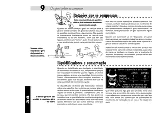 9          Os giros também se conservam
                                                       Rotações que se compensam
                                                       ○ ○ ○ ○ ○ ○ ○ ○ ○ ○ ○ ○ ○ ○ ○ ○ ○ ○ ○ ○ ○ ○ ○ ○ ○ ○ ○ ○ ○ ○ ○ ○ ○ ○ ○ ○ ○ ○ ○ ○ ○ ○ ○ ○ ○ ○ ○ ○ ○ ○ ○ ○
                                                        Como nessa experiência, em aparelhos
                                                                                                  Mas isso não ocorre apenas em aparelhos elétricos. Na
                                                       elétricos, dois movimentos simultâneos e
                                                                                                  verdade, nenhum objeto pode iniciar um movimento de
                                                                opostos tendem a surgir.
                                                                                                  rotação "sozinho". Máquinas, motores e muitas outras coisas
                                  Quando um motor começa a girar, sua carcaça tende a             que aparentemente começam a girar isoladamente, na
                                  girar no sentido contrário. Em geral não notamos isso, pois     realidade, estão provocando um giro oposto em algum
                                  os aparelhos funcionam fixos a alguma coisa. Mas quando         outro objeto.
                                  os manuseamos diretamente, como no caso de uma
                                  enceradeira ou de uma furadeira, assim que eles são             Quando um automóvel sai em "disparada", em geral
                                  ligados, sentimos um “tranco”, que é devido justamente          observamos que sua traseira se rebaixa. Isso acontece porque
                                  a essa tendência de giro da carcaça em sentido oposto.          o início de uma forte rotação das rodas tende a provocar o
                                                                                                  giro do resto do veículo no sentido oposto.

     Nossas mãos                                                                                  Porém isso só ocorre quando o veículo tem a tração nas
                                                                                                  rodas da frente. Carros de corrida e motocicletas, cujas rodas
     impedem o giro
                                                                                                  de tração se localizam na traseira têm a tendência de
     da furadeira e
                                                                                                  "empinar", levantando a sua dianteira, quando iniciam seu
     da enceradeira.                                                                              movimento muito repentinamente.


                                  Liquidificadores e conservação
                                  ○ ○ ○ ○ ○ ○ ○ ○ ○ ○ ○ ○ ○ ○ ○ ○ ○ ○ ○ ○ ○ ○ ○ ○ ○ ○ ○ ○ ○ ○ ○ ○ ○ ○ ○ ○ ○ ○ ○ ○ ○ ○ ○ ○ ○ ○ ○ ○ ○ ○ ○ ○ ○ ○ ○ ○ ○ ○ ○ ○ ○ ○ ○

                                  Quando um liqüidificador está desligado, a quantidade
                                                                                                                  Vamos esquematizar este papo:
                                  de movimento do sistema é nula, simplesmente porque
                                  não há qualquer movimento. Quando é ligado, seu motor                                     ANTES                 DEPOIS
                                  começa a girar, e aí temos uma quantidade de movimento.
                                                                                                                   MOTOR:    0 +                    20 +
                                  Porém, diferentemente dos exemplos anteriores, o
                                  movimento agora é de rotação. Podemos dizer que há
                                                                                                                   CARCAÇA:  0                     -20
                                  uma quantidade de movimento angular.                                             TOTAL:    0                      0
                                                                                                                         Parece que nas rotações
                                  Se o liquidificador não tivesse "pés" de borracha e estivesse
                                                                                                                        também há conservação ...
                                  sobre uma superfície lisa, veríamos sua carcaçar gira em
                                  sentido oposto ao do motor. A quantidade de movimento           Quer dizer que para algo girar para um lado, outra coisa
                                  angular do motor é, portanto, “compensada” pela da              tem que girar ao contrário, da mesma forma que para algo
                                  carcaça, que tem sentido contrário. Por isso, podemos           ir para a frente tem que empurrar outra coisa para trás. Nos
34




          O motor gira em um      considerar que as quantidades de movimentos angulares           dois casos temos uma conservação de quantidades de
       sentido e a carcaça gira   do motor e da carcaça têm mesmo valor, mas com sinais           movimento, de translação em um caso, e de rotação em
                       no outro   oposto. O mesmo vale para outros sistemas, como por             outro.
                                  exemplo, os potinhos da nossa experiência.
 