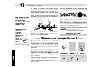 13            Peso, massa e gravidade
                               As crianças, de um modo geral, quando atingem                  Essa “coisa” está presente em todos os quartos de bebê
                               aproximadamente um ano de idade gostam de jogar                dos mais longíquos cantos deste planeta. Seu nome é ...
                               pequenos objetos no chão. Nessa importante fase do
                               desenvolvimento infantil elas estão vivenciando que os
                               objetos soltos de suas mãos, caem. Infelizmente, existem
                               alguns pais que não compreendem o comportamento
                               dos anjinhos e justamente nessa época resolvem deixar
     Isaac Newton, um gênio    certos objetos fora de seu alcance ....
     da Física, com apenas
                                                                                              Qual de nós já não esteve numa situação de precisar se
     um ano de idade
                                                                                              agarrar ao corrimão de uma escada para não cair? Ou
     descobriu um importante                                                                  mesmo levar um tombo ao tropeçar em alguma saliência
     fenômeno físico:                                                                         no chão? O causador desses terríveis males não é outro
     OBJETOS CAEM!                                                                            senão o implacável campo gravitacional.

                                                                                              Não podemos “brincar” com ele pois um ligeiro cochilo
     Pesquisas recentes                                                                       e          lá vamos nós para o chão.
     chegaram a                                                                                           Esse campo é mesmo danado, sô!
     resultados                O que poucos sabem é que a culpa não é dos lindos
                               pimpolhos, mas de algo invisível, inodoro, insípido ,
     ainda mais                                                                                           O MINISTÉRIO DA SAÚDE ADVERTE:
                               incolor e, o que é pior, indestrutível...                       O USO ERRADO DO CAMPO GRAVITACIONAL FAZ MAL À SAÚDE
     estarrecedores:
     não são
     apenas os
     objetos que
                               ○ ○ ○ ○ ○ ○ ○ ○ ○ ○ ○   Mas como atua o campo gravitacional ?                                      ○ ○ ○ ○ ○ ○ ○ ○ ○ ○ ○


     caem...                   Quando um objeto qualquer está em uma região onde
                               existe um campo gravitacional, um curioso fenômeno se
                               sucede: o objeto cai. Esse fato, amplamente estudado
     PESSOAS TAMBÉM CAEM!
                               pelos físicos durante séculos, é interpretado da seguinte
                               forma: a Terra possui em tor no de si um campo
                               gravitacional.

                               Quando um objeto qualquer está “mergulhado” no campo
                               gravitacional, sofre uma força, chamada de força
                               gravitacional ou simplesmente de PESO. Se não houver
                               nada para segurar o objeto, ou seja, para equilibrar a força    CORPO       +     CAMPO         =       QUEDA
                               peso o objeto cai...
                                                                                                                                          →
50




                               Tudo isso pode ser representado por uma fórmula, que                                 →
                               expressa a medida da força-peso como o produto entre
                               a massa do objeto e o campo gravitacional da Terra, ou
                                     ρ       ρ
                                                                                                   m         x     g           = P
                               seja, P = m ⋅ g .
 