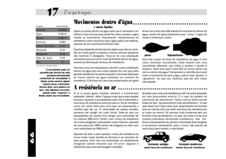 17                       O ar que te segura
                                                    Movimentos dentro d'água                               ○ ○ ○ ○ ○ ○ ○ ○ ○ ○ ○ ○ ○ ○ ○ ○ ○ ○ ○ ○ ○ ○ ○ ○ ○ ○ ○ ○ ○ ○ ○ ○ ○ ○ ○
     Líquido                      Viscosidade*
                                                                      e outros líquidos
     Acetona                           0,00032      Quem já andou dentro da água sabe que é necessário um          levam em conta essa dificuldade de movimento dentro da
     Água                              0,0010       esforço maior do que para andar fora dela, porque a água       água, sendo em geral projetados para “cortar” a água de
     Álcool                            0,0012       resiste ao movimento. Fisicamente, interpretamos tal           modo a minimizar o atrito.
     Ketchup                            0,083       resistência como uma força que a água aplica nos objetos,
                                                    opondo-se aos movimentos dentro dela
     Creme de barba                     0,26
     Mostarda                           0,29        Essa força depende do formato do objeto que nela se move.
     Margarina                          0,78
                                                    De um modo geral os peixes e outros animais aquáticos
                                                    são estreitos e alongados. Trata-se de uma adaptação             peixe                  hipopótamo
     Óleo de rícino                     0,99        necessária para se mover mais facilmente dentro da água,       Uma das causas da força de resistência da água é uma
     Mel                                 12         através da diminuição da força de resistência.                 coisa chamada viscosidade. Cada líquido tem uma
     * em N.s/m², a 20 graus Celsius                                                                               viscosidade diferente, que indica o quanto o líquido é
                                                    Animais como um hipopótamo não têm muita mobilidade            espesso. Você acha que é mais fácil se mover dentro do
                A viscosidade pode ser
                                                    dentro da água pois seu corpo bojudo faz com que sofra         mel ou dentro da água? Certamente o mel dificulta muito
         quantificada através de uma
                 grandeza denominada
                                                    grande resistência.Os peixes possuem o formato ideal para      mais o movimento do que a água, pois é mais “grosso” e
         coeficiente de viscosidade. A              se mover dentro da água sofrendo um mínimo de                  “grudento” do que ela: dizemos que ele tem maior
          tabela acima mostra alguns                resistência. O formato do casco das embarcações em geral       viscosidade.
            valores desse coeficiente.
         Através dela, você poderá ver
         que, com algumas exceções,
                                                    A resistência no ar                      ○ ○ ○ ○ ○ ○ ○ ○ ○ ○ ○ ○ ○ ○ ○ ○ ○ ○ ○ ○ ○ ○ ○ ○ ○ ○ ○ ○ ○ ○ ○ ○ ○ ○ ○ ○ ○ ○ ○ ○ ○ ○

            quanto mais “espesso” o                 O ar e outros gases também resistem a movimentos               Se neste caso a força de resistência é útil, há outras situações
        fluido, maior sua viscosidade.              realizados “dentro” deles. É graças a isso que o pára-quedas   em que procuramos evitá-la. É o caso do projeto de
                                                    funciona. Quando o paraquedista salta, ele é submetido a       carrocerias de automóveis. Talvez você já tenha ouvido
                                                    uma força de resistência exercida pelo ar. Ela se manifesta    frases do tipo “tal automóvel é mais aerodinâmico”. O que
                                                    como um vento forte para cima que vai aumentando a             quer dizer isso? Quer dizer que, dependendo do formato
                                                    medida que ele cai. A velocidade de queda também               que um veículo tiver, ele sofre uma força de resistência do
                                                    aumenta até atingir um valor limite. Sabe-se que um            ar maior ou menor. Os veículos mais modernos têm um
                                                    paraquedista em queda livre atinge uma velocidade de           formato mais aerodinâmico, ou seja, de cortar o ar de uma
                                                    no máximo 200 km/h. Porém, sem a força de resistência          maneira mais eficaz, diminuindo a resistência. Isso me-
                                                    do ar eles atingiriam velocidades muito maiores: saltando      lhora o desempenho do veículo (velocidade final atingida)
                                                    de uma altura de 1000 metros ele chegaria ao chão com          e economiza combustível, pois o motor não precisa de
                                                    uma velocidade de 508 km/h.                                    tanta força para manter a velocidade.
66




                                                    Quando ele abre o pára-quedas, a força de resistência se
                                                    torna muito maior devido ao formato e ao tamanho do
                                                    pára-quedas. Com isso sua velocidade cai rapidamente
                                                    atingindo valores menores que 10 km/h, seguros o                    formato antigo:                formato moderno:
                                                    suficientes para uma aterrissagem tranqüila.                    maior força de resistência.     menor força de resistência.
 