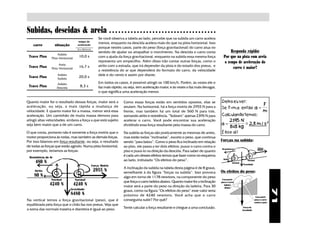 Subidas, descidas & areia                                            ○ ○ ○ ○ ○ ○ ○ ○ ○ ○ ○ ○ ○ ○ ○ ○ ○ ○ ○ ○ ○ ○ ○ ○ ○ ○ ○ ○ ○ ○ ○ ○ ○ ○ ○

                                                          Se você observa a tabela ao lado, percebe que na subida um carro acelera
                                      tempo de
                                                          menos, enquanto na descida acelera mais do que na pista horizontal. Isso
    carro            situação        aceleração
                                                          porque nestes casos, parte do peso (força gravitacional) do carro atua no
                                     (0 a 100 km/h)
                                                          sentido de ajudar ou atrapalhar o movimento. Na descida o carro conta                       Responda rápido:
                      Asfalto
 Trave Plus      Pista Horizontal
                                      10,0 s              com a ajuda da força gravitacional, enquanto na subida essa mesma força                Por que na pista com areia
                                                          representa um empecilho. Além disso irão contar outras forças, como o                   o tempo de aceleração do
                       Areia                              atrito com a estrada, que irá depender da pista e do estado dos pneus, e
 Trave Plus      Pista Horizontal
                                      16,7 s                                                                                                           carro é maior?
                                                          a resistência do ar que dependerá do formato do carro, da velocidade
                      Asfalto                             dele e do vento e assim por diante.
 Trave Plus           Subida
                                      20,0 s
                      Asfalto                             Em todos os casos, é possível atingir os 100 km/h. Porém, às vezes ele o
 Trave Plus           Descida
                                       8,3 s              faz mais rápido, ou seja, tem aceleração maior, e às vezes o faz mais devagar,
                                                          o que significa uma aceleração menor.

Quanto maior for o resultado dessas forças, maior será a                     Como essas forças estão em sentidos opostos, elas se              Deixa eu ver:
aceleração, ou seja, a mais rápida a mudança de                              anulam. Na horizontal, há a força motriz de 2955 N para a
                                                                                                                                                                                        F
                                                                                                                                               Se F=m.a então a =
velocidade. E quanto maior for a massa, menor será essa                      frente, mas também há um total de 560 N para trás,                                                         m
aceleração. Um caminhão de muita massa demora para                           somando atrito e resistência. “Sobram” apenas 2395 N para         Calculando temos:
atingir altas velocidades, embora a força a que está sujeito                 acelerar o carro. Você pode encontrar sua aceleração                   2395 N ~
seja bem maior que a de um carro.                                            dividindo essa força resultante pela massa do carro.              a=          = 2,8 m / s 2
                                                                                                                                                    848 kg
O que conta, portanto não é somente a força motriz que o                     Na subida as forças são praticamente as mesmas de antes,          É isso aí!
motor proporciona às rodas, mas também as demais forças.                     mas estão todas “inclinadas”, exceto o peso, que continua
Por isso falamos em força resultante, ou seja, o resultado                   sendo “para baixo”. Como o peso fica inclinado em relação         Forças na subida:
de todas as forças que estão agindo. Numa pista horizontal,                  ao piso, ele passa a ter dois efeitos: puxar o carro contra o                                         Força
                                                                                                                                               Resistência
por exemplo, teríamos as forças:                                             piso e puxá-lo na direção da descida. Para saber de quanto                                            Motriz


 Resistência do Ar
                                                                             é cada um desses efeitos temos que fazer como no esquema
                                                                             ao lado, intitulado “Os efeitos do peso”.                           Atrito
     480 N                                                                                                                                                Normal
                                                                                                                                                                       Normal
                                                                                                                                                                    Gravidade
                                                      Força Motriz
                                                                             A inclinação da subida na tabela desta página é de 8 graus,
     Atrito                                            2955 N                semelhante à da figura “forças na subida”. Isso provoca           Os efeitos do peso:
    80 N                                                                     algo em torno de 1178 newtons, na componente do peso
                 Normal             Normal                                                                                                      Essa parte
                                                                             que força o carro ladeira abaixo. Quanto maior for a inclinação
               4240 N               4240 N                                   maior será a parte do peso na direção da ladeira. Para 30
                                                                                                                                               puxa o carro
                                                                                                                                                  ladeira
                                                                                                                                                  abaixo
                                Gravidade




                                                                                                                                                                                                71
                                                                             graus, como na figura “Os efeitos do peso” esse valor seria
                                8480 N                                       próximo de 4240 newtons. Você acha que o carro                                                      Essa parte
Na vertical temos a força gravitacional (peso), que é                        conseguiria subir? Por quê?                                                                        puxa o carro
                                                                                                                                                                                contra o piso
equilibrada pela força que o chão faz nos pneus. Veja que
a soma das normais traseira e dianteira é igual ao peso.                     Tente calcular a força resultante e chegue a uma conclusão.                            Força da
                                                                                                                                                                   Gravidade
 