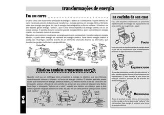 transformações de energia
     Em um carro                ○ ○ ○ ○ ○ ○ ○ ○ ○ ○ ○ ○ ○ ○ ○ ○ ○ ○ ○ ○ ○ ○ ○ ○ ○ ○ ○ ○ ○ ○ ○ ○ ○ ○ ○ ○ ○ ○ ○
                                                                                                                na cozinha da sua casa
     O carro conta com duas fontes principais de energia: a bateria e o combustível. A parte elétrica do        Faça um esquema mostrando as possíveis
     carro é acionada através da bateria que transforma a energia química em energia elétrica. Os faróis        transformações de energia nos equipamentos de
     usam essa energia para gerar luz, que é energia eletromagnética na forma radiante. A buzina e os           uma cozinha que sugerimos a seguir.
     alto-falantes geram energia “sonora”, que é uma forma específica da energia cinética do ar: as
     ondas sonoras. A partida do carro consome grande energia elétrica, que é convertida em energia
     cinética no chamado motor de arranque.
     Quando o carro está em movimento, a energia química do combustível é transformada em energia
     térmica, e parte dessa energia se converte em energia cinética. Parte dessa energia cinética é
     usada para recarregar a bateria através de um elemento chamado dínamo ou alternador, que
     transforma energia cinética em energia elétrica.                                                                                                FOGÃO
                                                                                                                Leve em conta as transformações de energia desde
                                                                                                                o gás até os movimentos que ocasionalmente
                                                                                                                ocorrem na água durante um cozimento.




                                                                                                                                        LIQUIDIFICADOR
                 Elásticos também armazenam energia
                  ○ ○ ○ ○ ○ ○ ○ ○ ○ ○ ○ ○ ○ ○ ○ ○ ○ ○ ○ ○ ○ ○ ○ ○ ○ ○ ○ ○ ○ ○ ○ ○ ○ ○ ○ ○ ○ ○                   A energia certamente provém da rede elétrica, e
                                                                                                                sofre transformações durante o funcionamento do
      Quando você usa um estilingue está armazendo a energia no elástico, que será liberada                     liquidificador. O som também é uma forma de
                                                                                                                energia cinética, porque se dá através do
      repentinamente durante o disparo, na forma de energia cinética. O elástico esticado possui
                                                                                                                deslocamento do ar.
      aquilo que chamamos de energia potencial elástica. O mesmo ocorre ao se dar corda em um
      brinquedo, acionar a fricção de um carrinho ou armar um arco antes de disparar uma flecha.
      Tente fazer o brinquedo ”latinha vai e volta”, usando uma latinha, um elástico, peso e dois
      palitos. Quando você rola a latinha no chão, ela pára em um certo ponto e volta para trás. Como
      você explica?
                                                                                                                                            MICROONDAS
84




                                                                                                                Antes de produzir o calor, o forno de microondas
                                                                                                                emite energia na forma da energia “radiante” das
                                                                                                                microondas. Essa energia é também uma forma
                                                                                                                de energia elétrica.
 