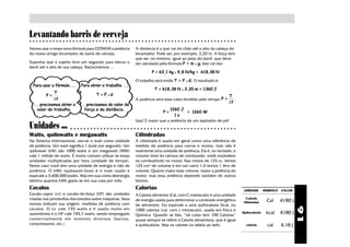 Levantando barris de cerveja
○ ○ ○ ○ ○ ○ ○ ○ ○ ○ ○ ○ ○ ○ ○ ○ ○ ○ ○ ○ ○ ○ ○ ○ ○ ○ ○ ○ ○ ○ ○ ○ ○ ○ ○ ○ ○ ○ ○ ○ ○ ○ ○ ○ ○ ○ ○ ○ ○ ○ ○ ○ ○ ○ ○ ○ ○ ○ ○ ○ ○ ○ ○


Vamos usar a nossa nova fórmula para ESTIMAR a potência        A distância é a que vai do chão até o alto da cabeça do
do nosso amigo levantador de barris de cerveja.                levantador. Pode ser, por exemplo, 2,20 m. A força tem
                                                               que ser, no mínimo, igual ao peso do barril. que deve
Suponha que o sujeito leve um segundo para elevar o            ser calculado pela fórmula P = m x g. Isso vai dar:
barril até o alto de sua cabeça. Raciocinemos ...
                                                                         P = 63,1 kg x 9,8 N/kg = 618,38 N

                                                               O trabalho será então T = P x d. O resultado é:
  Para usar a fórmula ...     Para obter o trabalho ...
                                                                           T = 618,38 N x 2,20 m = 1360 J
             T                          T = F xd
         P=                                                                                                             T
             ∆t                                                A potência será esse valor dividido pelo tempo P =          .
                                                                                                                        ∆t
  ... precisamos obter o      ... precisamos do valor da
    valor do trabalho.           força e da distância.                           1360 J
                                                                                P=         = 1360 W
                                                                                    1s
                                                               Uau! É maior que a potência de um aspirador de pó!
Unidades ...            ○ ○ ○ ○ ○ ○ ○ ○ ○ ○ ○ ○ ○ ○ ○ ○ ○ ○ ○ ○ ○ ○ ○ ○ ○ ○ ○ ○ ○ ○ ○ ○ ○ ○ ○ ○ ○ ○ ○ ○ ○ ○ ○ ○ ○ ○ ○ ○ ○ ○


Watts, quilowatts e megawatts                                  Cilindradas
No Sistema Internacional, usa-se o watt como unidade           A cilindrada é usada em geral como uma referência de
de potência. Um watt significa 1 joule por segundo. Um         medida de potência para carros e motos, mas não é
quilowatt (kW) são 1000 watts e um megawatt (MW)               realmente uma unidade de potência. Ela é, na verdade, o
vale 1 milhão de watts. É muito comum utilizar-se essas        volume total da câmara de combustão, onde explodem
unidades multiplicadas por hora (unidade de tempo).            os combustíveis no motor. Nas motos de 125 cc, temos
Neste caso você tem uma unidade de energia e não de            125 cm³ de volume e em um carro 1.0 temos 1 litro de
potência. O kWh (quilowatt-hora) é o mais usado e              volume. Quanto maior esse volume, maior a potência do
equivale a 3.600.000 joules. Veja em sua conta deenergia       motor, mas essa potência depende também de outros
elétrica quantos kWh gasta-se em sua casa por mês.             fatores.
Cavalos                                                        Calorias                                                          UNIDADE       SÍMBOLO VALOR
Cavalo-vapor (cv) e cavalo-de-força (HP) são unidades          A Caloria alimentar (Cal, com C maiúsculo) é uma unidade
criadas nos primórdios dos estudos sobre máquinas. Seus        de energia usada para determinar o conteúdo energético             Caloria
                                                                                                                                                Cal    4180 J
nomes indicam sua origem: medidas de potência com                                                                                Alimentar
                                                               de alimentos. Ela equivale a uma quilocaloria (kcal, ou




                                                                                                                                                                91
cavalos. O cv vale 735 watts e é usado muito em                1000 calorias (cal, com c minúsculo), usada em Física e
automóveis e o HP vale 745,7 watts, sendo empregado            Química. Quando se fala, “tal coisa tem 100 Calorias”
                                                                                                                                Quilocaloria    kcal   4180 J
comer cialmente em motores diversos (bar cos,                  quase sempre se refere à Caloria alimentícia, que é igual
compressores, etc.)                                            à quilocaloria. Veja os valores na tabela ao lado.                 caloria       cal    4,18 J
 