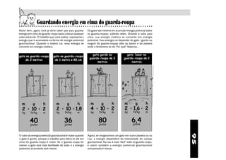 Guardando energia em cima do guarda-roupa
○ ○ ○ ○ ○ ○ ○ ○ ○ ○ ○ ○ ○ ○ ○ ○ ○ ○ ○ ○ ○ ○ ○ ○ ○ ○ ○ ○ ○ ○ ○ ○ ○ ○ ○ ○ ○ ○ ○ ○ ○ ○ ○ ○ ○ ○ ○ ○ ○ ○ ○ ○ ○ ○ ○ ○ ○ ○ ○ ○ ○ ○ ○


Muito bem, agora você já deve saber que para guardar           Os gatos são mestres em acumular energia potencial sobre
energia em cima do guarda-roupa basta colocar qualquer         os guarda-roupas: subindo neles. Durante o salto para
coisa sobre ele. O trabalho que você realiza, representa a     cima, sua energia cinética se converte em energia
energia que é acumulada na forma de energia potencial          potencial. Essa energia vai depender do gato (gordo ou
gravitacional. Quando o objeto cai, essa energia se            magro) do guarda-roupas (alto ou baixo) e do planeta
converte em energia cinética.                                  onde o fenômeno se dá. Por quê? Vejamos...


                                                                   gato gordo no                    gato lunar no
gato no guarda-roupa           gato no guarda-roupa
                                                                 guarda-roupa de 2                guarda-roupa de 2
    de 2 metros                 de 1 metro e 80 cm
                                                                      metros                           metros




  m          g          h         m           g       h           m           g          h        m          g        h
  2    x    10      x   2         2     x    10 x 1,8             4     x    10      x   2        2     x   1,6 x 2
  kg       N/kg         m         kg        N/kg      m           kg        N/kg         m        kg        N/kg      m


           40                               36                              80
                                                                            joules
                                                                                                         6,4
                                                                                                         joules
           joules                           joules




                                                                                                                                95
O valor da energia potencial gravitacional é maior quando      Agora, se imaginarmos um gato em outro planeta ou na
o gato é gordo, porque o trabalho para elevá-lo até em         Lua, a energia dependerá da intensidade do campo
cima do guarda-roupa é maior. Se o guarda-roupa for            gravitacional. Na Lua, é mais “fácil” subir no guarda-roupa,
menor, o gato terá mais facilidade de subir, e a energia       e assim também a energia potencial gravitacional
potencial acumulada será menor.                                armazenada é menor.
 