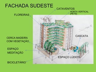 FACHADA SUDESTE   CATAVENTOS
                         HORTA VERTICAL
                         (PETS)
    FLOREIRAS




                               CASCATA
CERCA MADEIRA
COM VEGETAÇÃO


ESPAÇO
MEDITAÇÃO
                  ESPAÇO LÚDICO
BICICLETÁRIO
 