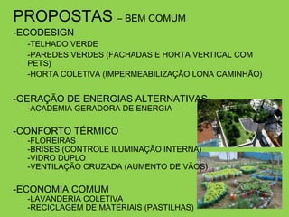 PROPOSTAS – BEM COMUM
-ECODESIGN
  -TELHADO VERDE
  -PAREDES VERDES (FACHADAS E HORTA VERTICAL COM
  PETS)
  -HORTA COLETIVA (IMPERMEABILIZAÇÃO LONA CAMINHÃO)


-GERAÇÃO DE ENERGIAS ALTERNATIVAS
  -ACADEMIA GERADORA DE ENERGIA

-CONFORTO TÉRMICO
  -FLOREIRAS
  -BRISES (CONTROLE ILUMINAÇÃO INTERNA)
  -VIDRO DUPLO
  -VENTILAÇÃO CRUZADA (AUMENTO DE VÃOS)

-ECONOMIA COMUM
  -LAVANDERIA COLETIVA
  -RECICLAGEM DE MATERIAIS (PASTILHAS)
 