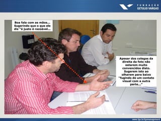 Boa fala com as mãos...Boa fala com as mãos...
Sugerindo que o que eleSugerindo que o que ele
diz “é justo é razoável...diz “é justo é razoável...
Apesar dos colegas daApesar dos colegas da
direita da foto nãodireita da foto não
estarem muitoestarem muito
convencidos disto.convencidos disto.
Sugerem isto aoSugerem isto ao
olharem para baixoolharem para baixo
“fugindo de um contato“fugindo de um contato
visual com a outravisual com a outra
parte...”parte...”
 