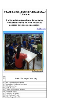 2ª FASE DA EJA - ENSINO FUNDAMENTAL/
               TURMA: A

      A leitura de todos os bons livros é uma
       conversação com as mais honestas
          pessoas dos séculos passados.
                                           René Descartes




N.º
CH
                   NOME DOS (AS) ALUNOS (AS)

01    Ana Paula Paulino dos Santos
02    Aparecida Alves Damaceno Santos
03    Celeni Gonçalves
04    Cindo de Farias
05    Cleiton Paulo Ferreira Machado
06    Gesiel dos Santos
07    Lindinalva de Moraes
08    Luiz Carlos de Araujo
09    Márcia Regina Crivelli
 