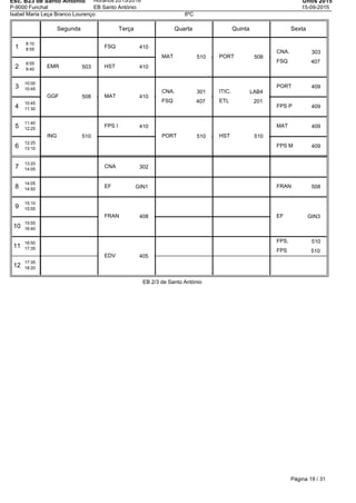 Esc. B23 de Santo Antonio
P-9000 Funchal
Horários 2015/2016
EB Santo António
Untis 2015
15-09-2015
Isabel Maria Leça Branco Lourenço 8ºC
Segunda Terça Quarta Quinta Sexta
1
8:10
8:55
2
8:55
9:40
3
10:00
10:45
4
10:45
11:30
5
11:40
12:25
6
12:25
13:10
7
13:20
14:05
8
14:05
14:50
9
15:10
15:55
10
15:55
16:40
11
16:50
17:35
12
17:35
18:20
EMR 503
GGF 508
ING 510
FSQ 410
HST 410
MAT 410
FPS I 410
CNA 302
EF GIN1
FRAN 408
EDV 405
MAT 510
CNA. 301
FSQ 407
PORT 510
PORT 508
ITIC. LAB4
ETL 201
HST 510
CNA. 303
FSQ 407
PORT 409
FPS P 409
MAT 409
FPS M 409
FRAN 508
EF GIN3
FPS. 510
FPS 510
EB 2/3 de Santo António
Página 19 / 31
 
