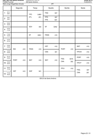 Esc. B23 de Santo Antonio
P-9000 Funchal
Horários 2015/2016
EB Santo António
Untis 2015
15-09-2015
Mário Jorge Magalhães Aniceto 8ºF
Segunda Terça Quarta Quinta Sexta
1
8:10
8:55
2
8:55
9:40
3
10:00
10:45
4
10:45
11:30
5
11:40
12:25
6
12:25
13:10
7
13:20
14:05
8
14:05
14:50
9
15:10
15:55
10
15:55
16:40
11
16:50
17:35
12
17:35
18:20
ING 410
PORT 410
HST 410
ITIC. LAB3
ETL 201
EDV 404
EF GIN1
FRAN 410
MAT 410
GGF 501
FSQ 507
FPS. 507
FPS 507
EF GIN2
FRAN 410
HST 410
CNA 301
MAT 410
PORT 410
FSQ. 407A
CNA 302
FPS I 410
MAT 410
FPS M 410
PORT 410
FPS P 410
FSQ. 407
CNA 301
EB 2/3 de Santo António
Página 22 / 31
 