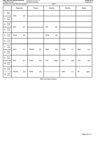 Esc. B23 de Santo Antonio
P-9000 Funchal
Horários 2015/2016
EB Santo António
Untis 2015
15-09-2015
Numásio Nuno de Olim Fernandes d CEF 1
Segunda Terça Quarta Quinta Sexta
1
8:10
8:55
2
8:55
9:40
3
10:00
10:45
4
10:45
11:30
5
11:40
12:25
6
12:25
13:10
7
13:20
14:05
8
14:05
14:50
9
15:10
15:55
10
15:55
16:40
11
16:50
17:35
12
17:35
18:20
FSQ 407
IEIC 201
IEFM 201
MAT 411
ING 411
PICITE 203
PICITE 201
PORT 303
IEFM 201
IEIC 201
IEFM 201
CMA 507
ITIC LAB3
PORT 411
ING 409
CMA 411
MAT 411
IEIC 201
EF GIN1
EB 2/3 de Santo António
Página 29 / 31
 