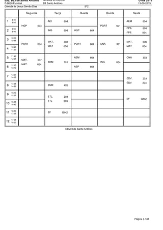 Esc. B23 de Santo Antonio
P-9000 Funchal
Horários 2015/2016
EB Santo António
Untis 2015
15-09-2015
Giselda de Jesus Serrão Dias 5ºC
Segunda Terça Quarta Quinta Sexta
1
8:10
8:55
2
8:55
9:40
3
10:00
10:45
4
10:45
11:30
5
11:40
12:25
6
12:25
13:10
7
13:20
14:05
8
14:05
14:50
9
15:10
15:55
10
15:55
16:40
11
16:50
17:35
12
17:35
18:20
HGP 604
PORT 604
MAT. 507
MAT 604
AEI 604
ING 604
MAT. 302
MAT 604
EDM 101
EMR 405
ETL. 203
ETL 203
EF GIN2
HGP 604
PORT 604
AEM 604
AEP 604
PORT 501
CNA 301
ING 604
AEM 604
FPS. 604
FPS 604
MAT. 606
MAT 604
CNA 303
EDV. 203
EDV 203
EF GIN2
EB 2/3 de Santo António
Página 3 / 31
 