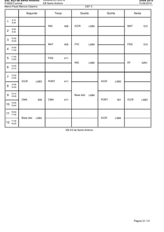 Esc. B23 de Santo Antonio
P-9000 Funchal
Horários 2015/2016
EB Santo António
Untis 2015
15-09-2015
Marco Paulo Marcos Catarino CEF 3
Segunda Terça Quarta Quinta Sexta
1
8:10
8:55
2
8:55
9:40
3
10:00
10:45
4
10:45
11:30
5
11:40
12:25
6
12:25
13:10
7
13:20
14:05
8
14:05
14:50
9
15:10
15:55
10
15:55
16:40
11
16:50
17:35
12
17:35
18:20
ICCR LAB3
CMA 508
Base dad LAB4
ING 408
MAT 405
FSQ 411
PORT 411
CMA 411
ICCR LAB4
ITIC LAB4
ING LAB4
Base dad LAB4
ICCR LAB3
PORT 501
ICCR LAB4
MAT 510
FSQ 510
EF GIN1
ICCR LAB3
EB 2/3 de Santo António
Página 31 / 31
 