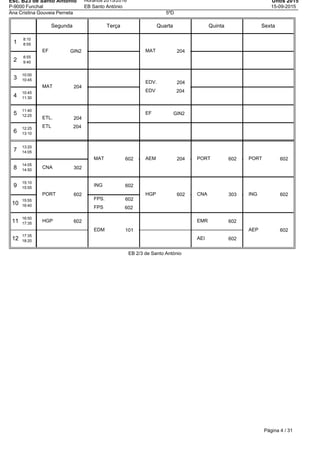 Esc. B23 de Santo Antonio
P-9000 Funchal
Horários 2015/2016
EB Santo António
Untis 2015
15-09-2015
Ana Cristina Gouveia Perneta 5ºD
Segunda Terça Quarta Quinta Sexta
1
8:10
8:55
2
8:55
9:40
3
10:00
10:45
4
10:45
11:30
5
11:40
12:25
6
12:25
13:10
7
13:20
14:05
8
14:05
14:50
9
15:10
15:55
10
15:55
16:40
11
16:50
17:35
12
17:35
18:20
EF GIN2
MAT 204
ETL. 204
ETL 204
CNA 302
PORT 602
HGP 602
MAT 602
ING 602
FPS. 602
FPS 602
EDM 101
MAT 204
EDV. 204
EDV 204
EF GIN2
AEM 204
HGP 602
PORT 602
CNA 303
EMR 602
AEI 602
PORT 602
ING 602
AEP 602
EB 2/3 de Santo António
Página 4 / 31
 