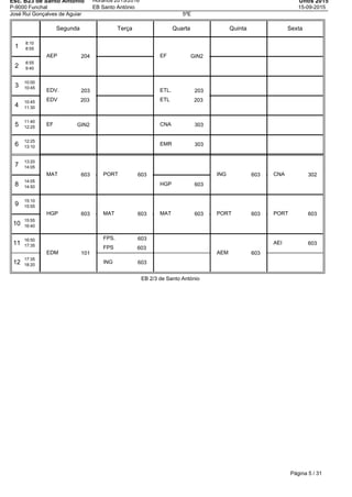 Esc. B23 de Santo Antonio
P-9000 Funchal
Horários 2015/2016
EB Santo António
Untis 2015
15-09-2015
José Rui Gonçalves de Aguiar 5ºE
Segunda Terça Quarta Quinta Sexta
1
8:10
8:55
2
8:55
9:40
3
10:00
10:45
4
10:45
11:30
5
11:40
12:25
6
12:25
13:10
7
13:20
14:05
8
14:05
14:50
9
15:10
15:55
10
15:55
16:40
11
16:50
17:35
12
17:35
18:20
AEP 204
EDV. 203
EDV 203
EF GIN2
MAT 603
HGP 603
EDM 101
PORT 603
MAT 603
FPS. 603
FPS 603
ING 603
EF GIN2
ETL. 203
ETL 203
CNA 303
EMR 303
HGP 603
MAT 603
ING 603
PORT 603
AEM 603
CNA 302
PORT 603
AEI 603
EB 2/3 de Santo António
Página 5 / 31
 