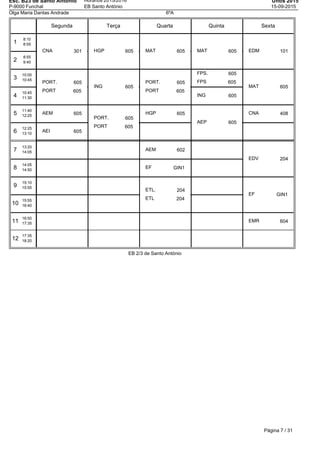 Esc. B23 de Santo Antonio
P-9000 Funchal
Horários 2015/2016
EB Santo António
Untis 2015
15-09-2015
Olga Maria Dantas Andrade 6ºA
Segunda Terça Quarta Quinta Sexta
1
8:10
8:55
2
8:55
9:40
3
10:00
10:45
4
10:45
11:30
5
11:40
12:25
6
12:25
13:10
7
13:20
14:05
8
14:05
14:50
9
15:10
15:55
10
15:55
16:40
11
16:50
17:35
12
17:35
18:20
CNA 301
PORT. 605
PORT 605
AEM 605
AEI 605
HGP 605
ING 605
PORT. 605
PORT 605
MAT 605
PORT. 605
PORT 605
HGP 605
AEM 602
EF GIN1
ETL. 204
ETL 204
MAT 605
FPS. 605
FPS 605
ING 605
AEP 605
EDM 101
MAT 605
CNA 408
EDV 204
EF GIN1
EMR 604
EB 2/3 de Santo António
Página 7 / 31
 