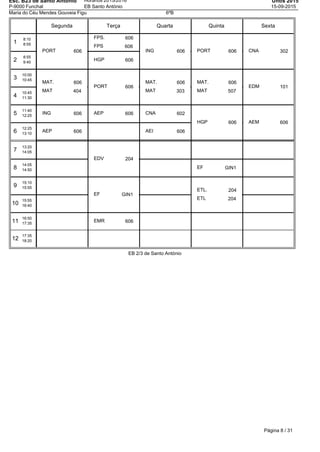 Esc. B23 de Santo Antonio
P-9000 Funchal
Horários 2015/2016
EB Santo António
Untis 2015
15-09-2015
Maria do Céu Mendes Gouveia Figu 6ºB
Segunda Terça Quarta Quinta Sexta
1
8:10
8:55
2
8:55
9:40
3
10:00
10:45
4
10:45
11:30
5
11:40
12:25
6
12:25
13:10
7
13:20
14:05
8
14:05
14:50
9
15:10
15:55
10
15:55
16:40
11
16:50
17:35
12
17:35
18:20
PORT 606
MAT. 606
MAT 404
ING 606
AEP 606
FPS. 606
FPS 606
HGP 606
PORT 606
AEP 606
EDV 204
EF GIN1
EMR 606
ING 606
MAT. 606
MAT 303
CNA 602
AEI 606
PORT 606
MAT. 606
MAT 507
HGP 606
EF GIN1
ETL. 204
ETL 204
CNA 302
EDM 101
AEM 606
EB 2/3 de Santo António
Página 8 / 31
 