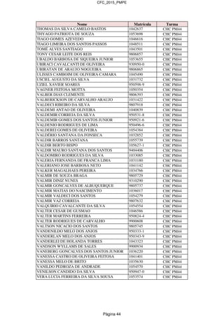 CFC_2015_PMPE
Nome Matrícula Turma
THOMAS DA SILVA CAMELO BASTOS 1042637 CHC PM44
THYAGO PATRIOTA DE SOUZA 1053698 CHC PM44
TIAGO GOMES AZEVEDO 1046616 CHC PM44
TIAGO LIMEIRA DOS SANTOS PASSOS 1048511 CHC PM44
TOMÉ ALVES SANTIAGO 1043501 CHC PM44
TONY CESAR LEITE DOS REIS 9806857 CHC PM44
UBALDO BARBOSA DE SIQUEIRA JUNIOR 1053655 CHC PM44
UBIRACI CAVALCANTI DE OLIVEIRA 930950-0 CHC PM44
UBIRATAN DE ARAUJO NOGUEIRA 9806865 CHC PM44
ULISSES CAMBOIM DE OLIVEIRA CAMARA 1045490 CHC PM44
USCIEL AUGUSTO DA SILVA 1031732 CHC PM44
UZIEL XAVIER SOARES 950598-9 CHC PM44
VAGNER FEITOSA MOTTA 1050354 CHC PM44
VALBER DIAS CLEMENTE 9806393 CHC PM44
VALBERICKSON DE CARVALHO ARAUJO 1031422 CHC PM44
VALDECI RIBEIRO DA SILVA 9807918 CHC PM44
VALDEMI ANTAO DE OLIVEIRA 1040839 CHC PM44
VALDEMIR CORREIA DA SILVA 950531-8 CHC PM44
VALDEMIR GOMES DOS SANTOS JUNIOR 950921-6 CHC PM44
VALDENIO RODRIGUES DE LIMA 950496-6 CHC PM44
VALDEREI GOMES DE OLIVEIRA 1054384 CHC PM44
VALDÉRIO SANTANA DA FONSECA 1032852 CHC PM44
VALDIR BARROS SANTANA 1055739 CHC PM44
VALDIR BERTO BISPO 105627-1 CHC PM44
VALDIR MAURO SANTANA DOS SANTOS 9404406 CHC PM44
VALDOMIRO RODRIGUES DA SILVA 1033085 CHC PM44
VALERIA FERNANDA DE FRANCA LIMA 1031180 CHC PM44
VALERIANO JOSE BARBOSA NETO 1041142 CHC PM44
VALKER MAGALHAES PEREIRA 1034766 CHC PM44
VALMIR DE SOUZA BRAGA 9805729 CHC PM44
VALMIR DINIZ NUNES 9310290 CHC PM44
VALMIR GONCALVES DE ALBUQUERQUE 9805737 CHC PM44
VALMIR MATIAS DO NASCIMENTO 1036017 CHC PM44
VALMIR VALDECI DOS SANTOS 1054279 CHC PM44
VALMIR VAZ CORREIA 9807632 CHC PM44
VALQUIRIO CAVALCANTE DA SILVA 1054554 CHC PM44
VALTER CESAR DE GUSMAO 1046586 CHC PM44
VALTER MARTINS FERREIRA 950824-4 CHC PM44
VALTER RODRIGUES DE CARVALHO 9900608 CHC PM44
VALTSON NICACIO DOS SANTOS 9805745 CHC PM44
VANDENILDO MELO DOS ANJOS 950333-1 CHC PM44
VANDERLAN MELO DOS ANJOS 950343-9 CHC PM44
VANDERLEI DE HOLANDA TORRES 1043323 CHC PM44
VANDSON WYLLAMS DE SALES 9900934 CHC PM44
VANEBERG GONCALVES DOS SANTOS JUNIOR 1036220 CHC PM44
VANESSA CASTRO DE OLIVEIRA FEITOSA 1041401 CHC PM44
VANESSA MELO DE BRITO 1035630 CHC PM44
VANILDO PEDROZA DE ANDRADE 1054570 CHC PM44
VENILSON CANDIDO DA SILVA 950947-0 CHC PM44
VERA LUCIA FERREIRA DA SILVA SOUSA 1053574 CHC PM44
Página 44
 