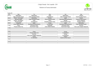 Colégio Sinodal - São Leopoldo - 2011

                                                                                           Relatório de Turmas (Individual)



Turma: 83
 Hor                        Seg                                           Ter                                         Qua                                           Qui                                         Sex
07:15                  Matemática                                   Matemática                                       Artes                                    Matemática                                      História
               Cátia Ciochetta Ghesla                       Cátia Ciochetta Ghesla                             Jarbas/Denize                          Cátia Ciochetta Ghesla                        Daniel da Silva Assum
08:05            Info/Ed. Tecnológica                               Matemática                                      Alemão                                        Inglês                                      História
                     Marcelo/Angela                         Cátia Ciochetta Ghesla                        Alceni/Ivo/Karin/Jorge                    Ales/Deisi/Patrícia/Roberta                     Daniel da Silva Assum
09:05            Info/Ed. Tecnológica                                    Artes                                       Ciênci                                      Alemão                                 Ensino Religioso
                     Marcelo/Angela                               Jarbas/Denize                          Elisabeth Victória Haas                       Alceni/Ivo/Karin/Jorge                          Vanderlei Defreyn
09:55                   Geografia                                       Inglês                                       Portug                                       Inglês                                   Matemática
                Jones Alberto Bellotto                    Ales/Deisi/Patrícia/Roberta                           Ivo Reinhardt                       Ales/Deisi/Patrícia/Roberta                    Cátia Ciochetta Ghesla
11:00                      Física                                Educacao Física                                  Geografia                                Educacao Física                                   Química
                  Priscila Andrea Vaz                           Alex/André/Thiago                         Jones Alberto Bellotto                          Alex/André/Thiago                    Vera Lúcia Cislaghi Dallacorte
11:50    -------------------------------------------- -------------------------------------------- -------------------------------------------- -------------------------------------------- --------------------------------------------

-------- -------------------------------------------- -------------------------------------------- -------------------------------------------- -------------------------------------------- --------------------------------------------
13:25 --------------------------------------------                      Física                     --------------------------------------------                   Portug                     --------------------------------------------
                                                               Priscila Andrea Vaz                                                                           Ivo Reinhardt
14:15 --------------------------------------------                    Química                      --------------------------------------------                   Portug                     --------------------------------------------
                                                        Vera Lúcia Cislaghi Dallacorte                                                                       Ivo Reinhardt
15:05 --------------------------------------------                      Portug                     --------------------------------------------                  História                    --------------------------------------------
                                                                   Ivo Reinhardt                                                                       Daniel da Silva Assum
16:20 -------------------------------------------- -------------------------------------------- -------------------------------------------- -------------------------------------------- --------------------------------------------

17:10 -------------------------------------------- -------------------------------------------- -------------------------------------------- -------------------------------------------- --------------------------------------------




                                                                                                              Página: 11                                                                                                 23/07/2011     (15:13)
 