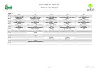 Colégio Sinodal - São Leopoldo - 2011

                                                                                             Relatório de Turmas (Individual)



Turma: 113
 Hor                          Seg                                           Ter                                         Qua                                           Qui                                         Sex
07:15               Filosofia/Sociologia                                 Espanh                                    Matemática                                       Física                                    Geografia
                     Vanderlei Defreyn                        Maria Edilene de Paula                       Rosmari Mincato Klaus                  Clóvis Rubens de Souza Martins                      Jones Alberto Bellotto
08:05                    Matemática                              Produção de Textos                                Matemática                                       Portug                                       Litera
                 Rosmari Mincato Klaus                             Carmen Breunig                          Rosmari Mincato Klaus                             Carmen Breunig                          Jorge Augusto Feldens
09:05                    Matemática                                      História                                     Biologia                                      Portug                                      Biologia
                 Rosmari Mincato Klaus                             Udo Ingo Kunert                        Milton Antonio A. Santos                           Carmen Breunig                         Milton Antonio A. Santos
09:55                       História                                      Física                                    Geografia                                      História                                    Química
                      Udo Ingo Kunert                   Clóvis Rubens de Souza Martins                      Jones Alberto Bellotto                           Udo Ingo Kunert                               Fito Lichtenfelf
11:00                        Portug                                       Inglês                                       Artes                                        Inglês                                     Química
                      Carmen Breunig                     Alessand/Patrícia/Rafa/Roberta                             Artes 1EM                      Alessand/Patrícia/Rafa/Roberta                          Fito Lichtenfelf
11:50                        Física                                Educacao Física                                     Artes                                 Educacao Física                                      SAS
           Clóvis Rubens de Souza Martins                     Alex/André/Ivan/Thiago                                Artes 1EM                           Alex/André/Ivan/Thiago
--------   -------------------------------------------- -------------------------------------------- -------------------------------------------- -------------------------------------------- --------------------------------------------
13:25      --------------------------------------------                   Prova                      -------------------------------------------- -------------------------------------------- --------------------------------------------

14:15 --------------------------------------------                       Prova                       -------------------------------------------- -------------------------------------------- --------------------------------------------

15:05 -------------------------------------------- --------------------------------------------                       Práticas                                     Práticas                    --------------------------------------------
                                                                                                                    Práticas 1                                   Práticas 1
16:20 --------------------------------------------                   Inglês                          -------------------------------------------- -------------------------------------------- --------------------------------------------
                                                    Alessand/Patrícia/Rafa/Roberta
17:10 -------------------------------------------- -------------------------------------------- -------------------------------------------- -------------------------------------------- --------------------------------------------




                                                                                                                Página: 14                                                                                                 23/07/2011     (15:13)
 