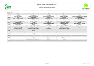 Colégio Sinodal - São Leopoldo - 2011

                                                                                             Relatório de Turmas (Individual)



Turma: 114
 Hor                          Seg                                           Ter                                         Qua                                           Qui                                         Sex
07:15                       História                                   Geografia                                      Biologia                                    Química                                        Física
                      Udo Ingo Kunert                          Jones Alberto Bellotto                     Milton Antonio A. Santos                          Mariliz Noschang                   Clóvis Rubens de Souza Martins
08:05                        Litera                                   Matemática                                      História                                    Química                                     Geografia
                 Jorge Augusto Feldens                        Rosmari Mincato Klaus                             Udo Ingo Kunert                             Mariliz Noschang                          Jones Alberto Bellotto
09:05                        Física                                       Portug                                      História                                      Física                                   Matemática
           Clóvis Rubens de Souza Martins                          Carmen Breunig                               Udo Ingo Kunert                   Clóvis Rubens de Souza Martins                     Rosmari Mincato Klaus
09:55                    Matemática                                       Portug                                      Espanh                               Produção de Textos                                   Biologia
                 Rosmari Mincato Klaus                             Carmen Breunig                          Maria Edilene de Paula                            Carmen Breunig                         Milton Antonio A. Santos
11:00                    Matemática                                       Inglês                                       Artes                                        Inglês                                       Portug
                 Rosmari Mincato Klaus                   Alessand/Patrícia/Rafa/Roberta                             Artes 1EM                      Alessand/Patrícia/Rafa/Roberta                         Carmen Breunig
11:50               Filosofia/Sociologia                           Educacao Física                                     Artes                                 Educacao Física                                      SAS
                     Vanderlei Defreyn                        Alex/André/Ivan/Thiago                                Artes 1EM                           Alex/André/Ivan/Thiago
--------   -------------------------------------------- -------------------------------------------- -------------------------------------------- -------------------------------------------- --------------------------------------------
13:25      --------------------------------------------                   Prova                      -------------------------------------------- -------------------------------------------- --------------------------------------------

14:15 --------------------------------------------                       Prova                       -------------------------------------------- -------------------------------------------- --------------------------------------------

15:05 -------------------------------------------- -------------------------------------------- -------------------------------------------- -------------------------------------------- --------------------------------------------

16:20 --------------------------------------------                   Inglês                                      Práticas                                     Práticas                    --------------------------------------------
                                                    Alessand/Patrícia/Rafa/Roberta                             Práticas 1                                   Práticas 1
17:10 -------------------------------------------- -------------------------------------------- -------------------------------------------- -------------------------------------------- --------------------------------------------




                                                                                                                Página: 15                                                                                                 23/07/2011     (15:13)
 