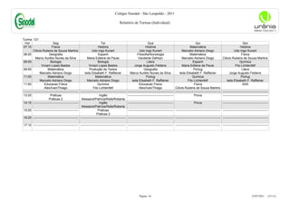Colégio Sinodal - São Leopoldo - 2011

                                                                                            Relatório de Turmas (Individual)



Turma: 121
  Hor                       Seg                                           Ter                                         Qua                                             Qui                                         Sex
07:15                      Física                                      História                                     História                                    Matemática                                      História
         Clóvis Rubens de Souza Martins                          Udo Ingo Kunert                              Udo Ingo Kunert                           Marcelio Adriano Diogo                            Udo Ingo Kunert
08:05                   Geografia                                      Espanh                               Filosofia/Sociologia                                Matemática                                       Física
           Marco Aurélio Nunes da Silva                     Maria Edilene de Paula                           Vanderlei Defreyn                          Marcelio Adriano Diogo                 Clóvis Rubens de Souza Martins
09:05                     Biologia                                     Biologia                                      Litera                                        Espanh                                      Química
                 Viviani Lopes Bastos                         Viviani Lopes Bastos                       Jorge Augusto Feldens                          Maria Edilene de Paula                             Fito Lichtenfelf
09:55                  Matemática                              Produção de Textos                                 Geografia                                         Portug                                       Litera
               Marcelio Adriano Diogo                     Ieda Elisabeth F. Raffainer                Marco Aurélio Nunes da Silva                     Ieda Elisabeth F. Raffainer                    Jorge Augusto Feldens
11:00                  Matemática                                   Matemática                                       Portug                                       Química                                        Portug
               Marcelio Adriano Diogo                       Marcelio Adriano Diogo                     Ieda Elisabeth F. Raffainer                            Fito Lichtenfelf                     Ieda Elisabeth F. Raffainer
11:50               Educacao Física                                   Química                                 Educacao Física                                       Física                                        SAS
                    Alex/Ivan/Thiago                              Fito Lichtenfelf                            Alex/Ivan/Thiago                    Clóvis Rubens de Souza Martins
-------- -------------------------------------------- -------------------------------------------- --------------------------------------------   -------------------------------------------- --------------------------------------------
13:25                     Práticas                                      Inglês                     --------------------------------------------                     Prova                      --------------------------------------------
                        Práticas 2                     Alessand/Patrícia/Rafa/Roberta
14:15 --------------------------------------------                      Inglês                     --------------------------------------------                    Prova                       --------------------------------------------
                                                       Alessand/Patrícia/Rafa/Roberta
15:05 --------------------------------------------                     Práticas                    --------------------------------------------   -------------------------------------------- --------------------------------------------
                                                                     Práticas 2
16:20 -------------------------------------------- -------------------------------------------- --------------------------------------------      -------------------------------------------- --------------------------------------------

17:10 -------------------------------------------- -------------------------------------------- -------------------------------------------- -------------------------------------------- --------------------------------------------




                                                                                                              Página: 16                                                                                                   23/07/2011     (15:13)
 