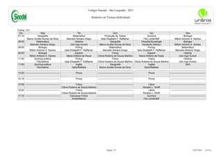 Colégio Sinodal - São Leopoldo - 2011

                                                                                            Relatório de Turmas (Individual)



Turma: 131
  Hor                       Seg                                           Ter                                         Qua                                           Qui                                         Sex
07:15                   Geografia                                   Matemática                              Produção de Textos                                  Química                                       Biologia
           Marco Aurélio Nunes da Silva                     Marcelio Adriano Diogo                     Ieda Elisabeth F. Raffainer                          Fito Lichtenfelf                      Milton Antonio A. Santos
08:05                  Matemática                                      História                                   Geografia                              Filosofia/Sociologia                                 Biologia
               Marcelio Adriano Diogo                            Udo Ingo Kunert                     Marco Aurélio Nunes da Silva                         Vanderlei Defreyn                       Milton Antonio A. Santos
09:05                     Biologia                                      Portug                                   Matemática                                       Portug                                   Matemática
              Milton Antonio A. Santos                    Ieda Elisabeth F. Raffainer                    Marcelio Adriano Diogo                     Ieda Elisabeth F. Raffainer                    Marcelio Adriano Diogo
09:55                     Biologia                                     Espanh                                        Física                                      Espanh                                       História
              Milton Antonio A. Santos                      Maria Edilene de Paula                 Clóvis Rubens de Souza Martins                     Maria Edilene de Paula                            Udo Ingo Kunert
11:00               Química prática                                     Portug                                       Física                                       Física                                      História
                       Fito/Sabine                        Ieda Elisabeth F. Raffainer              Clóvis Rubens de Souza Martins Clóvis Rubens de Souza Martins                                        Udo Ingo Kunert
11:50               Química prática                                     Inglês                                    Geografia                                       Inglês                                        SAS
                       Fito/Sabine                                 Deisi/Rafaela                     Marco Aurélio Nunes da Silva                            Deisi/Rafaela
-------- -------------------------------------------- -------------------------------------------- -------------------------------------------- -------------------------------------------- --------------------------------------------
13:25 --------------------------------------------                      Prova                      --------------------------------------------                   Prova                      --------------------------------------------

14:15 --------------------------------------------                      Prova                      --------------------------------------------                   Prova                      --------------------------------------------

15:05 --------------------------------------------             Física             --------------------------------------------                                  Litera                       --------------------------------------------
                                                   Clóvis Rubens de Souza Martins                                                                          Ricardo L. Wolff
16:20 --------------------------------------------             Física             --------------------------------------------                                  Litera                       --------------------------------------------
                                                   Clóvis Rubens de Souza Martins                                                                          Ricardo L. Wolff
17:10 --------------------------------------------         Educacao Física        --------------------------------------------                                 Química                       --------------------------------------------
                                                            André/Márcio                                                                                   Fito Lichtenfelf




                                                                                                              Página: 19                                                                                                 23/07/2011     (15:13)
 