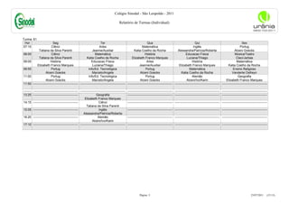 Colégio Sinodal - São Leopoldo - 2011

                                                                                           Relatório de Turmas (Individual)



Turma: 61
 Hor                        Seg                                           Ter                                         Qua                                           Qui                                         Sex
07:15                      Ciênci                                       Artes                                    Matemática                                       Inglês                                       Portug
               Tatiana da Silva Parenti                           Jeanne/Auxiliar                        Katia Coelho da Rocha                     Alessandra/Patrícia/Roberta                           Alceni Goecks
08:05                      Ciênci                                   Matemática                                      História                               Educacao Física                               Música/Teatro
               Tatiana da Silva Parenti                     Katia Coelho da Rocha                      Elizabeth Franco Marques                             Luciana/Thiago                                 Claci/Jarbas
09:05                     História                               Educacao Física                                     Artes                                       História                                  Matemática
             Elizabeth Franco Marques                             Luciana/Thiago                               Jeanne/Auxiliar                      Elizabeth Franco Marques                       Katia Coelho da Rocha
09:55                      Portug                             Info/Ed. Tecnológica                                   Portug                                   Matemática                                Ensino Religioso
                     Alceni Goecks                                Marcelo/Angela                               Alceni Goecks                          Katia Coelho da Rocha                            Vanderlei Defreyn
11:00                      Portug                             Info/Ed. Tecnológica                                   Portug                                      Alemão                                     Geografia
                     Alceni Goecks                                Marcelo/Angela                               Alceni Goecks                                Alceni/Ivo/Karin                     Elizabeth Franco Marques
11:50    -------------------------------------------- -------------------------------------------- -------------------------------------------- -------------------------------------------- --------------------------------------------

-------- -------------------------------------------- -------------------------------------------- --------------------------------------------   -------------------------------------------- --------------------------------------------
13:25 --------------------------------------------                   Geografia                     --------------------------------------------   -------------------------------------------- --------------------------------------------
                                                          Elizabeth Franco Marques
14:15 --------------------------------------------                      Ciênci                     --------------------------------------------   -------------------------------------------- --------------------------------------------
                                                            Tatiana da Silva Parenti
15:05 --------------------------------------------                      Inglês                     --------------------------------------------   -------------------------------------------- --------------------------------------------
                                                         Alessandra/Patrícia/Roberta
16:20 --------------------------------------------                     Alemão                      --------------------------------------------   -------------------------------------------- --------------------------------------------
                                                                  Alceni/Ivo/Karin
17:10 -------------------------------------------- -------------------------------------------- --------------------------------------------      -------------------------------------------- --------------------------------------------




                                                                                                               Página: 3                                                                                                   23/07/2011     (15:13)
 